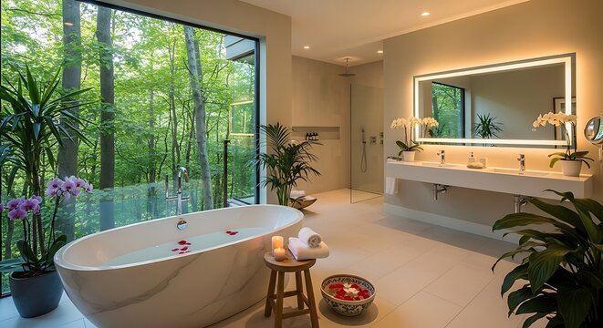 Luxury bathroom interior featuring a deep soaking tub and expansive floor to ceiling forest views for a serene spa inspired wellness sanctuary