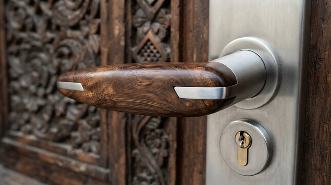 Elegant wooden door handle with sleek metal accents on a beautifully carved entrance, symbolizing security and sophisticated home design, inviting warmth and style