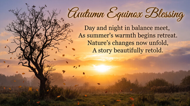 Autumn Equinox Blessing text over scenic sunrise landscape with bare tree silhouette.
