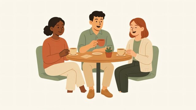Three diverse friends having coffee and snacks at a table with depicts three happy people sitting together round table drinking coffee multicultural