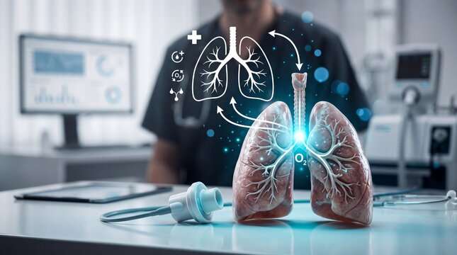 Medical professional examining digital respiratory system human lung anatomy model for advanced pulmonary healthcare