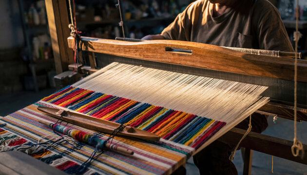 Person weaving colorful striped fabric on a traditional loom.