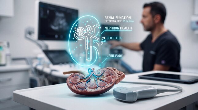 Medical ultrasound probe and kidney anatomical model with digital holographic interface with holographic data overlay