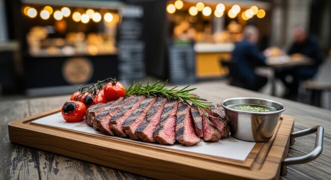 Slices of grilled beef steak with cherry tomatoes and herb butter on wooden board.