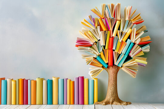 Colorful books growing on a tree, back to school,libray, literature education and literacy day concept
