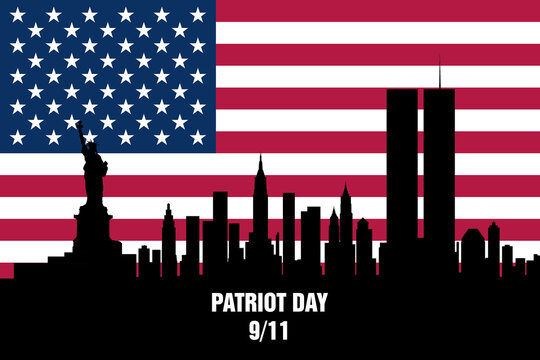 Illustration of the New York City skyline with the Twin Towers, black silhouette on US american flag background, 9/11 Patriot Day text