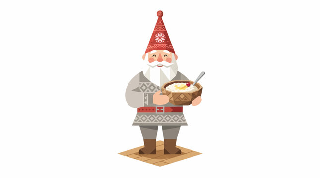 Cute cartoon vector illustration of a Scandinavian tomte gnome wearing a red hat and holding a bowl of rice porridge