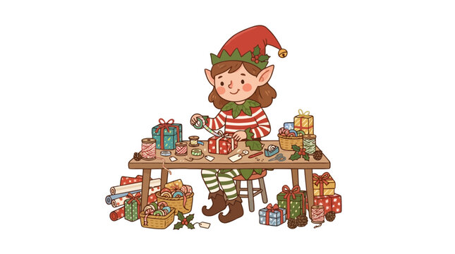 Cute Christmas elf sitting at wooden workbench wrapping colorful presents with ribbons and bows in workshop