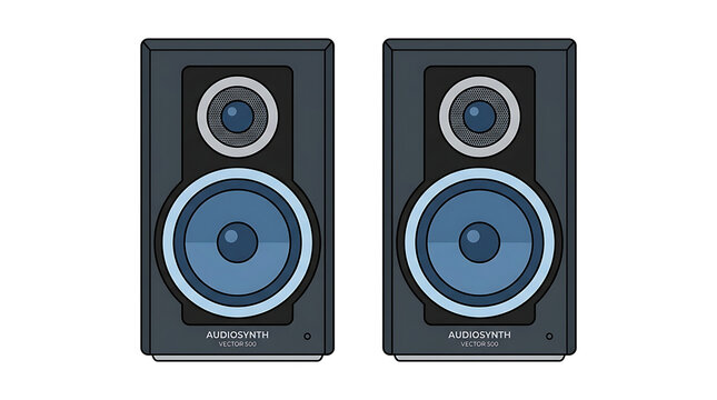 Pixel Art Retro Stereo Speakers With Blue Woofers and Grills Isolated on White Background