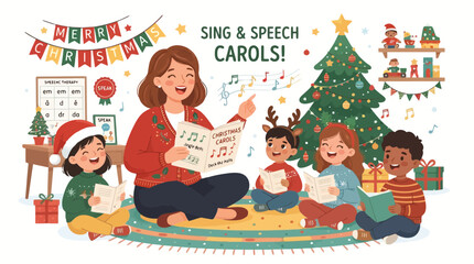 Fototapeta premium Music teacher leading diverse children in singing Christmas carols with songbooks in cozy classroom setting
