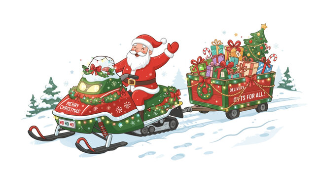 Santa Claus driving colorful snowmobile pulling wagon full of wrapped Christmas gifts through snowy winter landscape