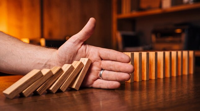 A hand preventing wooden blocks from toppling, symbolizing stability and control in a dynamic environment.