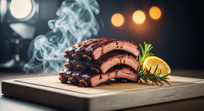Smoky barbecue pork ribs glazed with thick sauce resting on wooden cutting board art.