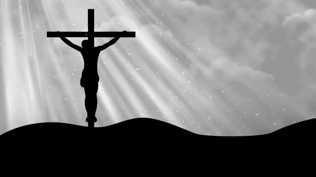 Silhouette of Jesus on cross against divine light rays and clouds background religious easter motion clip.