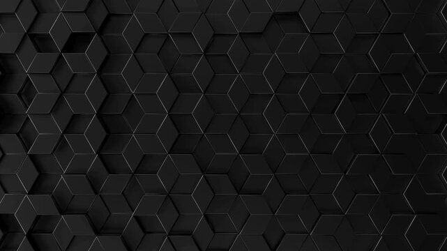 Abstract dark background featuring moving geometric black honeycomb pattern motion in cinematic 3d style.