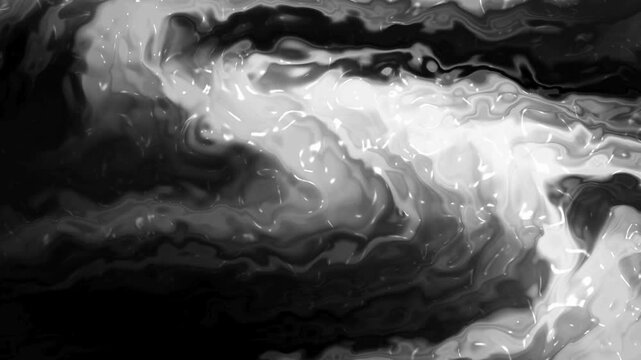 Black and white liquid marble texture flowing in dynamic motion abstract artistic ink spill background design.