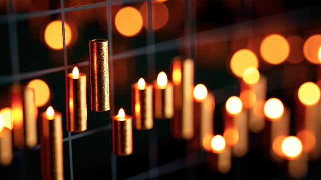 Golden candles glowing in darkness with bokeh lights, symbolizing financial growth and investment success