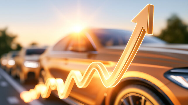 Automotive Growth Arrow: A golden arrow graph showcasing upward trend against a backdrop of sleek cars and a setting sun, symbolizing progress and success in the automotive industry.