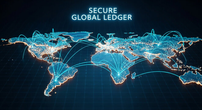 A digital world map illustrating a secure global ledger network with glowing connections across continents.