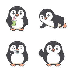 Fototapeta premium Cute Penguin Character Icon Set – Reading, Cooking, Gift Basket Kawaii Cartoon Vector Illustration