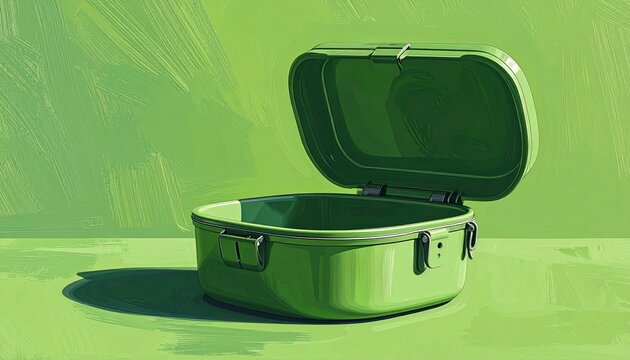 Open green vintage suitcase on light background.