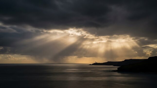 Dramatic sun rays piercing through storm clouds over dark ocean water with sunlight, dramatic