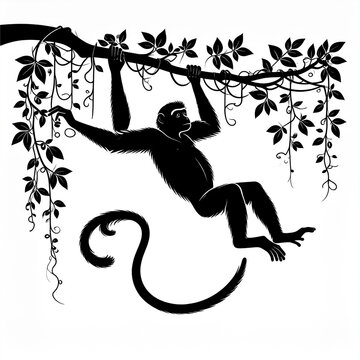 Black and white silhouette of monkey hanging from tree branch.