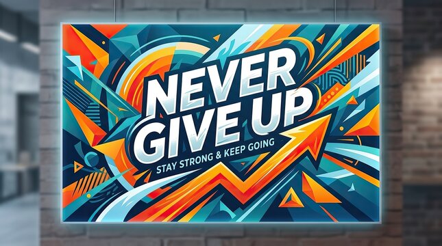 Motivational never give up sign with dynamic rays on modern office wall display for success mindset
