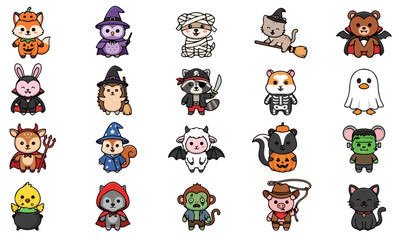 Fototapeta premium Cute Halloween Animals Vector Set: Kawaii Spooky Costume Icons Pack