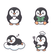 Fototapeta premium Cute Penguin Character Icon Set – Reading, Cooking, Gift Basket Kawaii Cartoon Vector Illustration