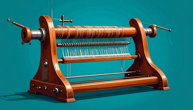 Vintage wooden weaving loom with spools and threads.
