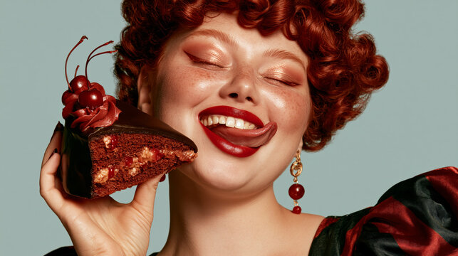Woman Enjoying Chocolate Cake with Cherry Garnish