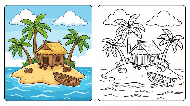 Tropical island with hut and boat coloring page island life kids activity