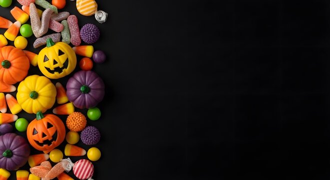 Halloween candy border with pumpkins and sweets on black background