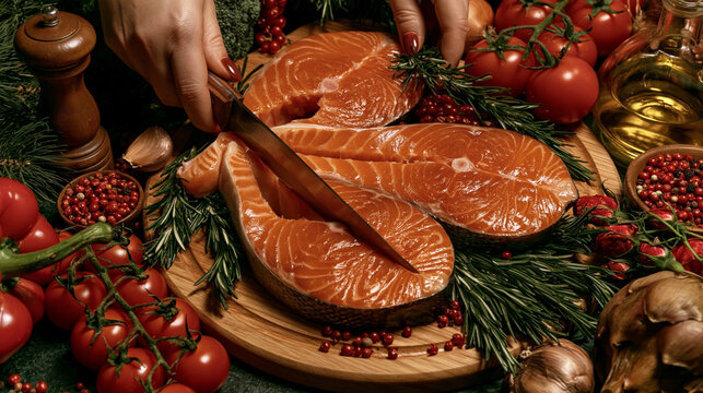 Fresh Salmon Fillets with Vegetables and Herbs on Cutting Board