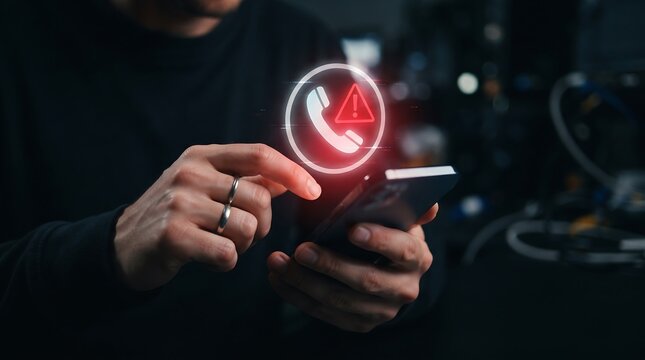 A close up of a person using a smartphone with a glowing red telephone icon hologram interface