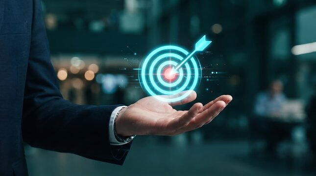 Businessman holding a glowing digital target icon representing business strategy goals and success in a corporate environment