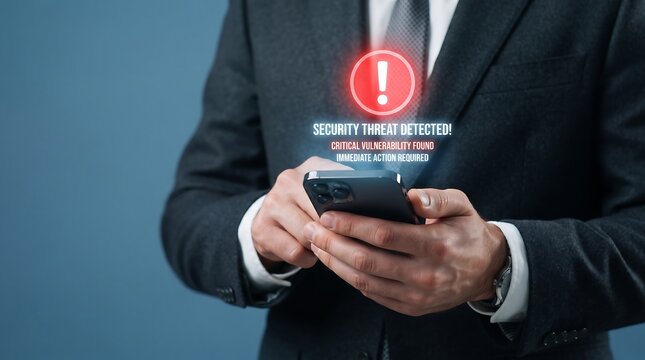 Businessman holding a smartphone displaying a digital warning notification about a potential security threat or system error alert