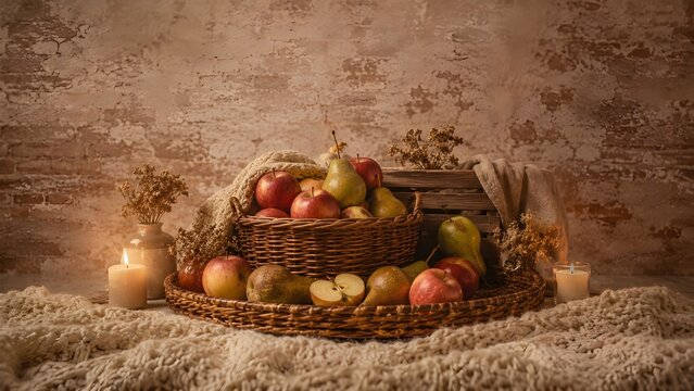 A wicker basket of apples and pears beside a wooden crate, photo, faded brick, oatmeal and soft brown