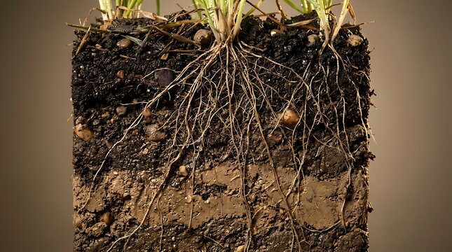 A detailed cross section view of annual ryegrass roots growing into healthy soil layers against a neutral background