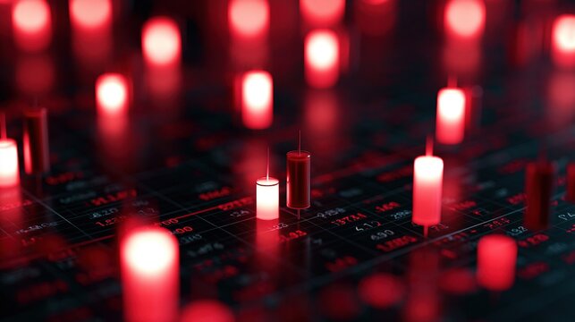 Abstract red candlestick chart showing financial market data with glowing indicators on a dark digital grid background