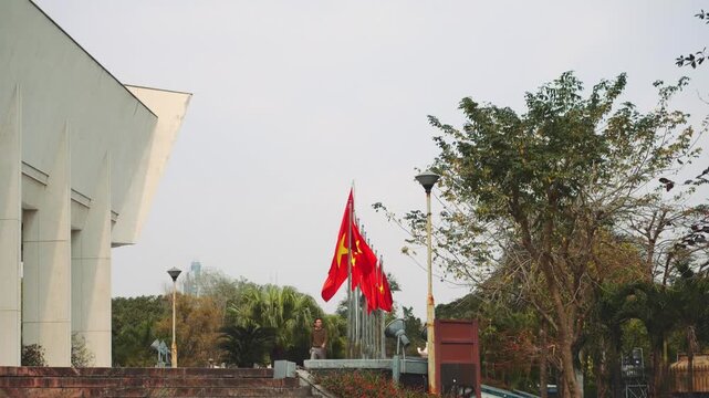 Multiple Vietnam flags flying on poles in a landscaped public park area with a modern building in Hanoi during daytime. Trees, steps, and lampposts visible.