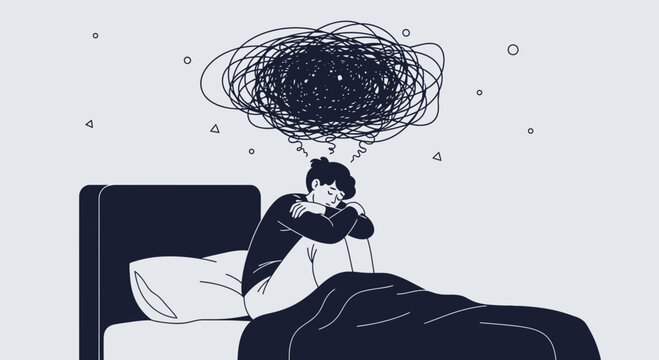 Depressed person sitting on bed with tangled thoughts illustration