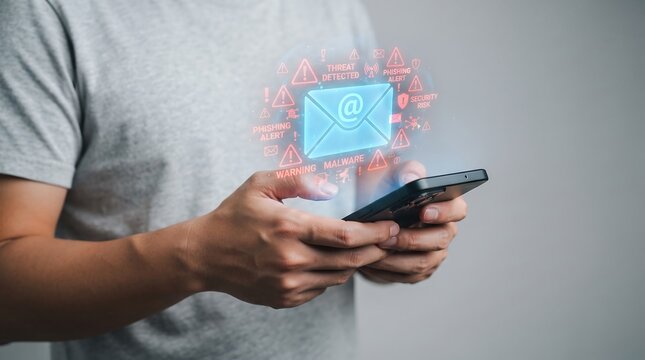 Person holding a smartphone with a digital holographic interface showing data processing and network connectivity icons floating above