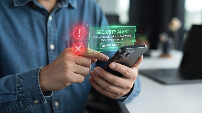 A man using a smartphone with a holographic digital interface showing data analytics and network security warning signs
