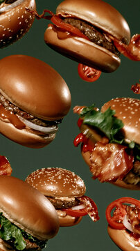 Assorted Burgers with Toppings on a Dark Background