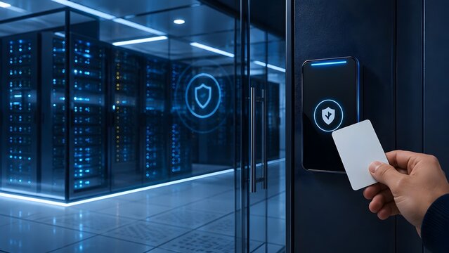 Access control system in modern data center showing hand using blank security keycard at electronic door lock with glowing digital shield
