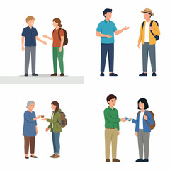 Fototapeta premium Vector illustration set of backpackers and travelers interacting with local people, sharing information and hospitality in a flat design style.