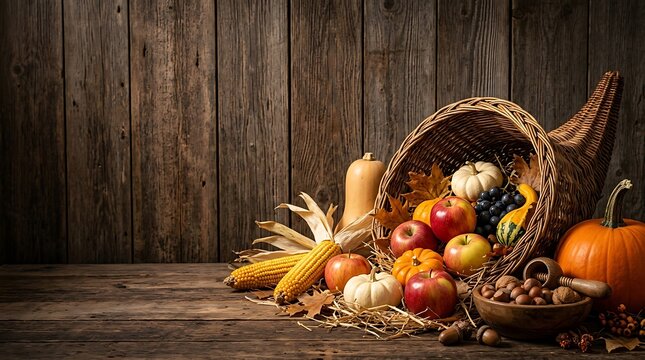 Thanksgiving cornucopia with autumn harvest vegetables and fruits on rustic wooden background