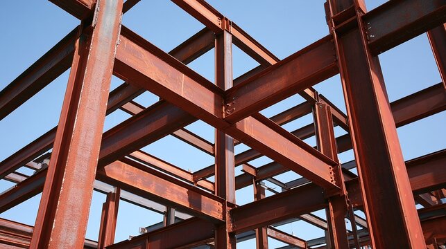 Robust industrial steel beam framework against a clear blue sky, forming the skeletal structure of a building under construction, highlighting strength and modern architecture